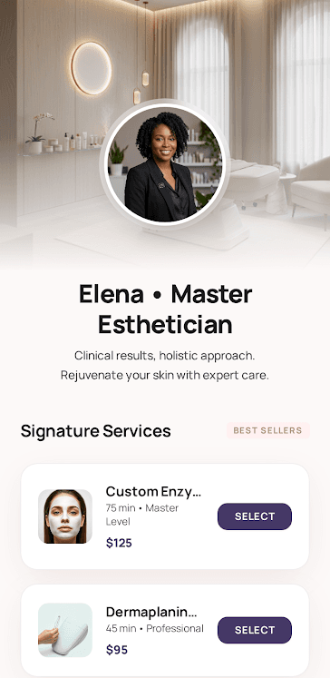 Esthetician booking page preview for Marsha