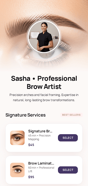 Brow artist booking page preview for Sasha